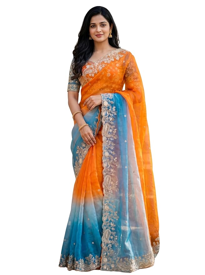 Amazon Brand - Tavasya Fancy Fendy Satin Silk Saree with Multi Sequence Embroidery Work | Heavy Embroidered Wedding Party look Saree with Running Blouse Piece