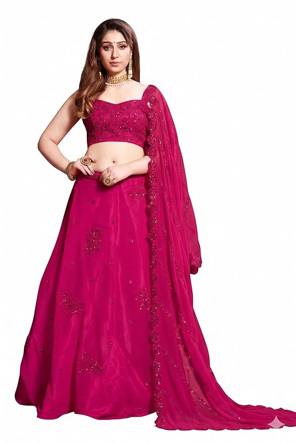 Indian Culture Women's Magenta Pink Georgette Semi-Stitched Lehenga Choli with Monotone Floral Embroidery and Matching Dupatta Set | Ideal for Wedding, Sangeet Wear