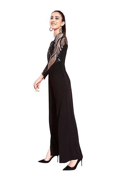 Miss Chase Women's Halter Neck Sleeveless Solid Wide Leg Sequin Paneled Regular Length Jumpsuit