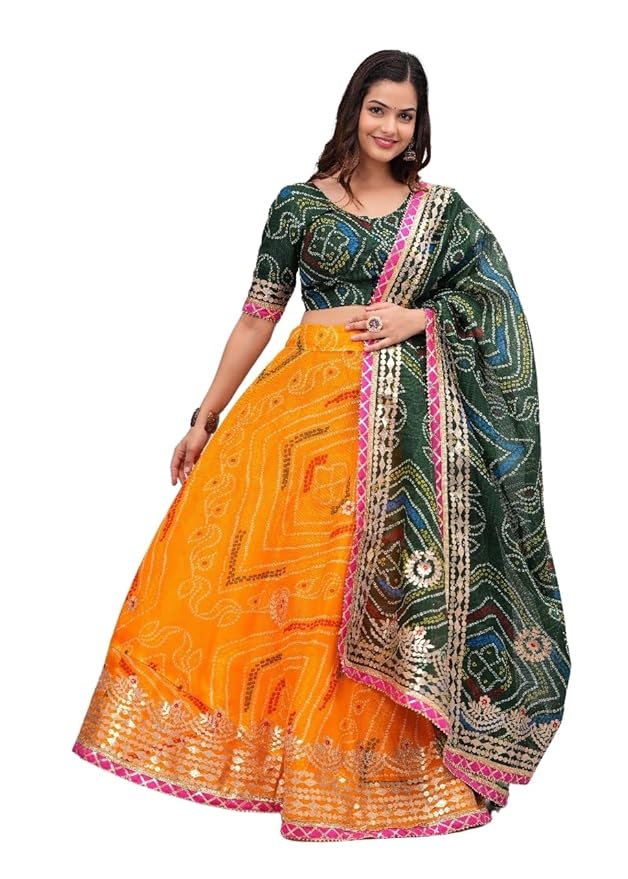 Bandhani Lehenga Choli Set | Orange & Green Tie Dye Lehenga with Pink Border | Embroidered Dupatta | 3 Piece Traditional Wedding Outfit for Women | Flared Festive Ensemble for Festivals & Celebrations