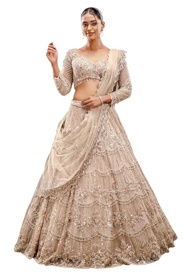Woman's Beige Net Pearl Embroidered Engagement Lehenga