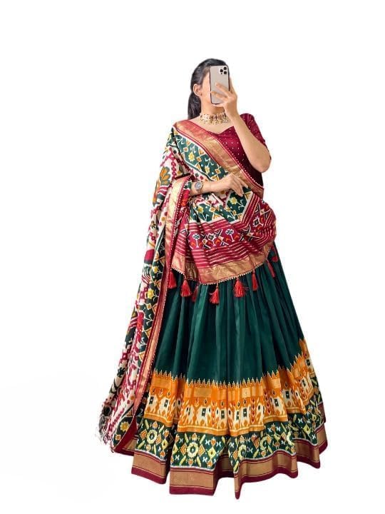Women's Trending Designeer Tussar Silk Lehenga Choli Print with Foil Work With Unstitched Blouse Patola Print Adorned with Foil Work For Navrati || Wedding