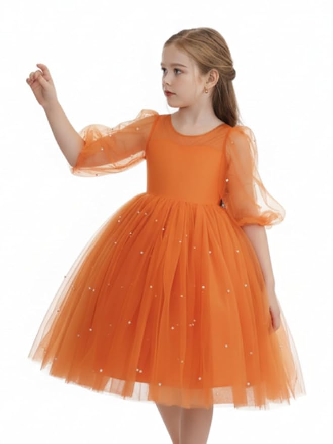 Amazon Brand - Anarva Girls Pearl Flutter Sleeve Gown Solid Tulle Party Dress