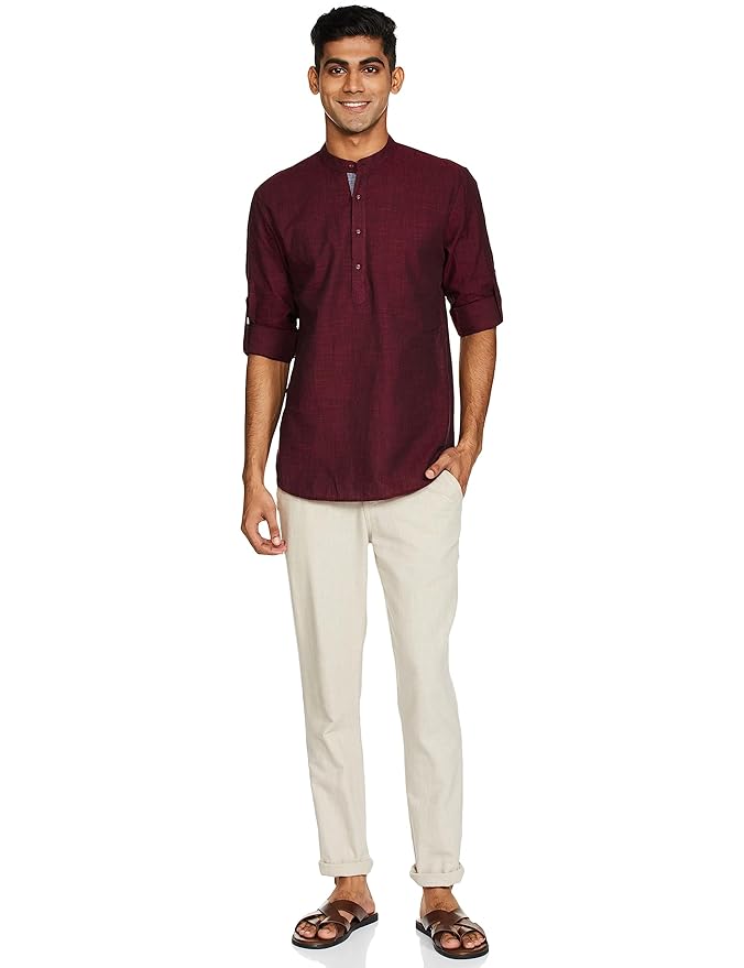 Amazon Brand - Symbol Men's Solid Cotton Slub Short Kurta (Regular Fit)