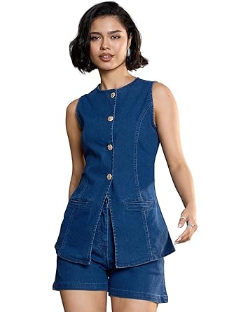 Sassafras Women’s Denim Front Open Sleeveless – Casual Streetwear Denim Tops