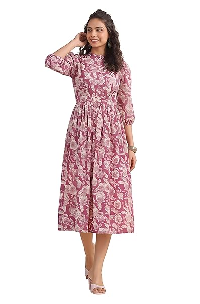 Janasya Women's Cotton Floral Printed Gathered Dress