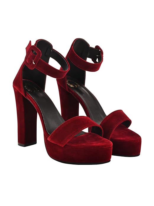 Shoetopia Women’s Velvet Block Heel Sandals – Stylish Comfortable Open Toe Platform with Ankle Strap, Party & Evening