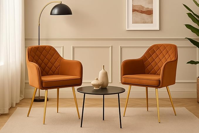 Barfi Velvet Dining Chair | Set of 2 Premium Modern Upholstered Accent Chair with Armrest, Padded Seat and Metal Legs | Comfy Chair for Home, Office & Restaurents | (Light Brown)