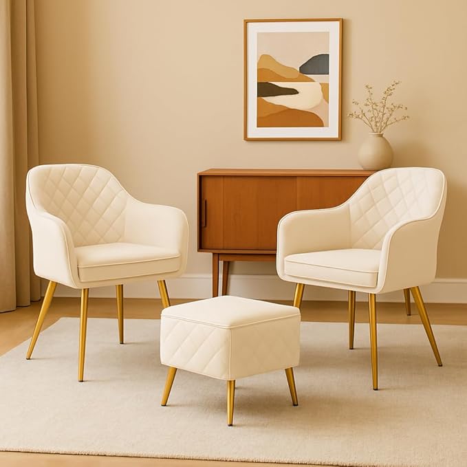 Barfi Velvet Dining Chair | Set of 2 Premium Modern Upholstered Accent Chair with Armrest, Padded Seat and Metal Legs | Comfy Chair for Home, Office & Restaurents | (Off White with Puffy)