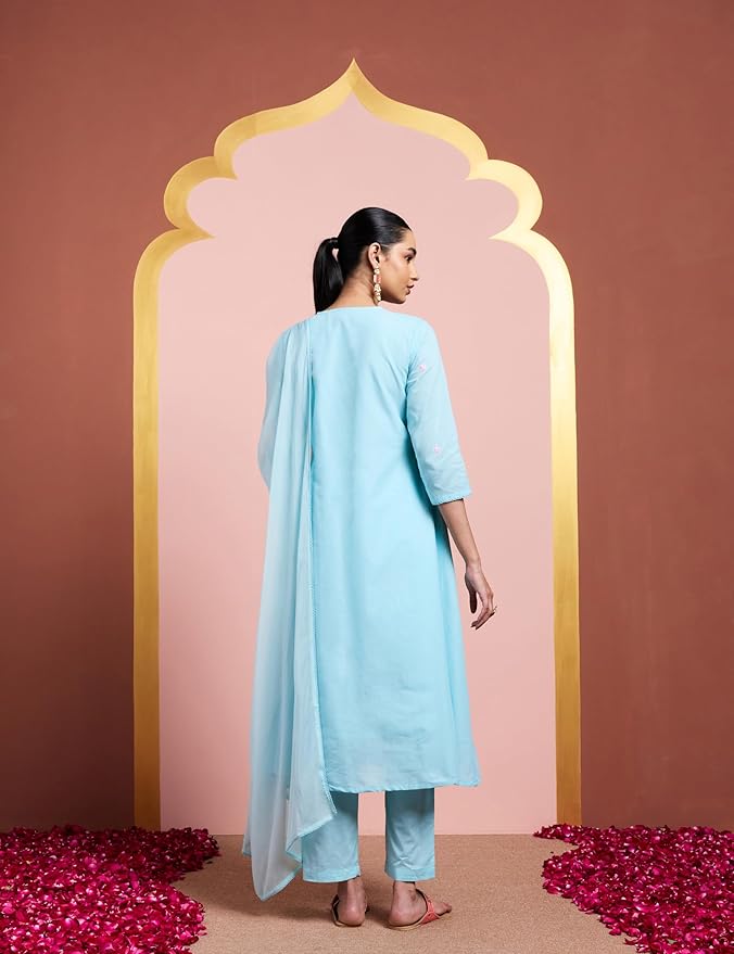 Amazon Brand - Myx Women's Pure Cotton A-Line 3 piece Schiffli Suit Set (Available in Plus Sizes)