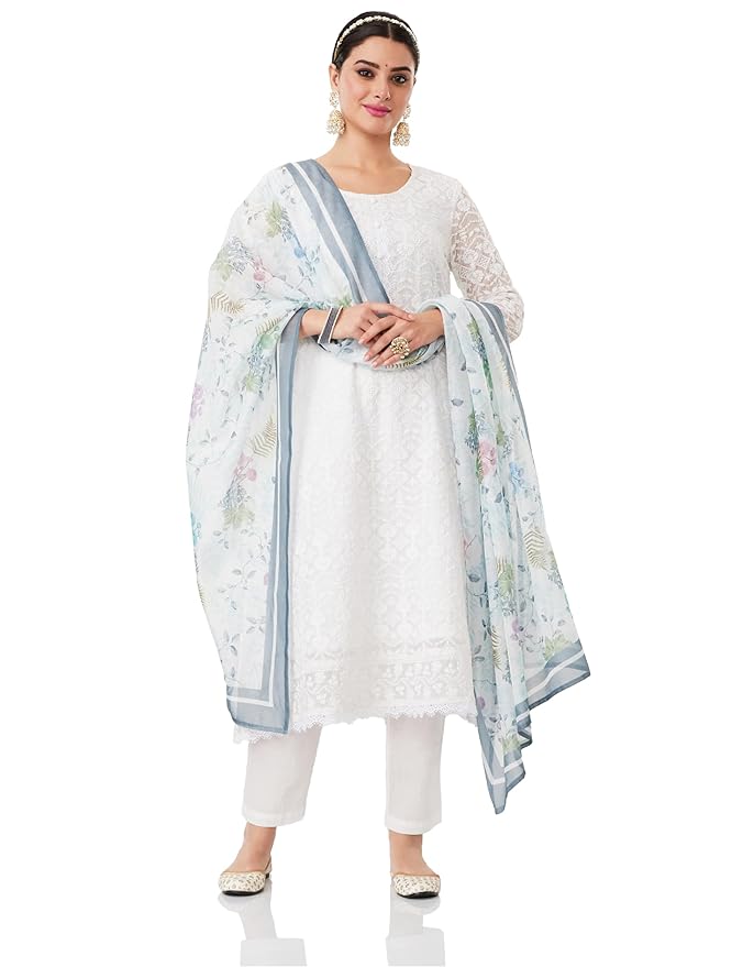Amazon Brand - Myx Women's Chikankari A-Line Kurta Pant Set with Dupatta (Available in Plus Sizes) Organza
