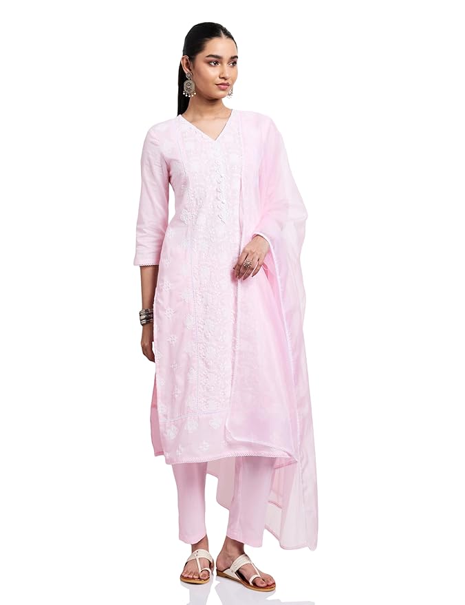 Amazon Brand - Myx Women's Pure Cotton Embroidered Kurta Set with Dupatta (Available in Plus Sizes)