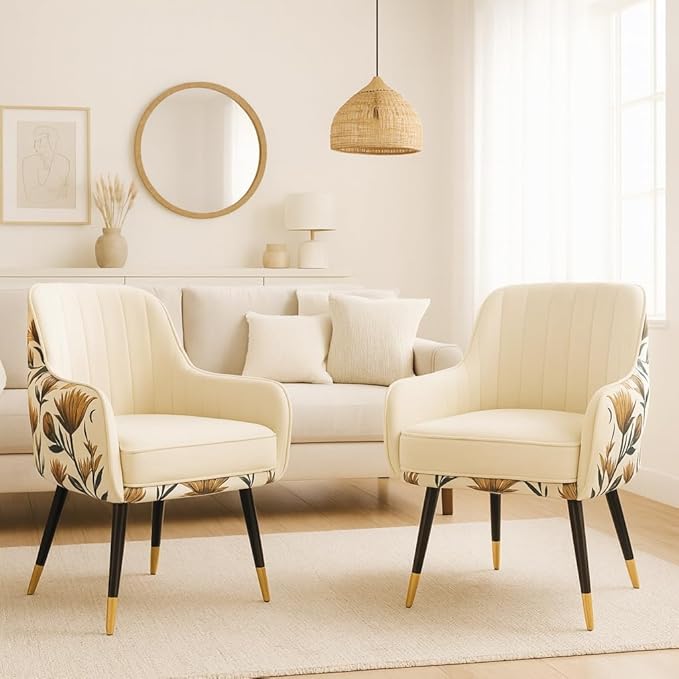 Velvet Accent Chair – Modern Upholstered Armchair with Soft Cushion, Padded Armrests & Metal Legs | Comfortable Lounge Chair for Living Room, Bedroom, Office, (Floral White, Pack of 2)