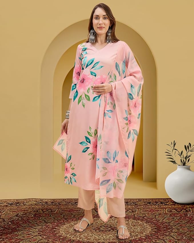 Amazon Brand - Tavasya Women American Crepe Kurta with Pant and Dupatta | Kurta Set | Ethnic Wear