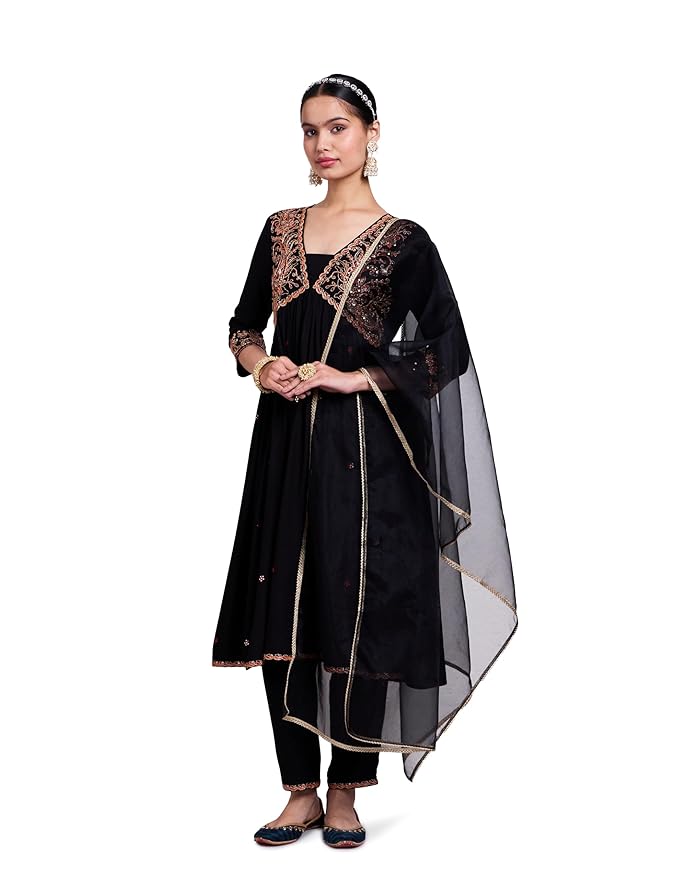 Amazon Brand - Myx Women's Embroidered Anarkali Kurta Pant Set with Organza Dupatta | Salwar Suit (Available in Plus Sizes)