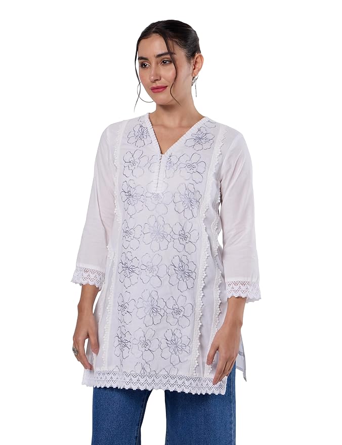 Amazon Brand - Myx Women's Pure Cotton Embroidered Short Kurti | Tunic | Short Kurta (Available in Plus Sizes)