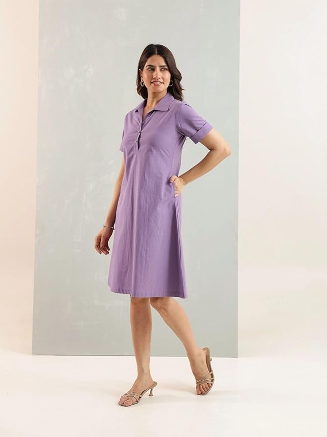 Amazon Brand - INKAST Women Wide Collared Solid A -line Bottuned Mini Dress with Pockets | Summer Outfits | 100% Cotton | Casual Wear | One Piece
