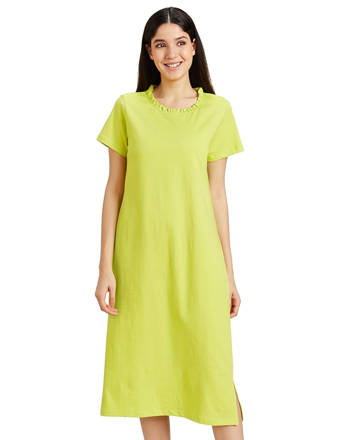 Amazon Brand - Symbol Women Cotton Calf Length Regular Fit Nighty | Night Dress (Available in Plus Sizes)