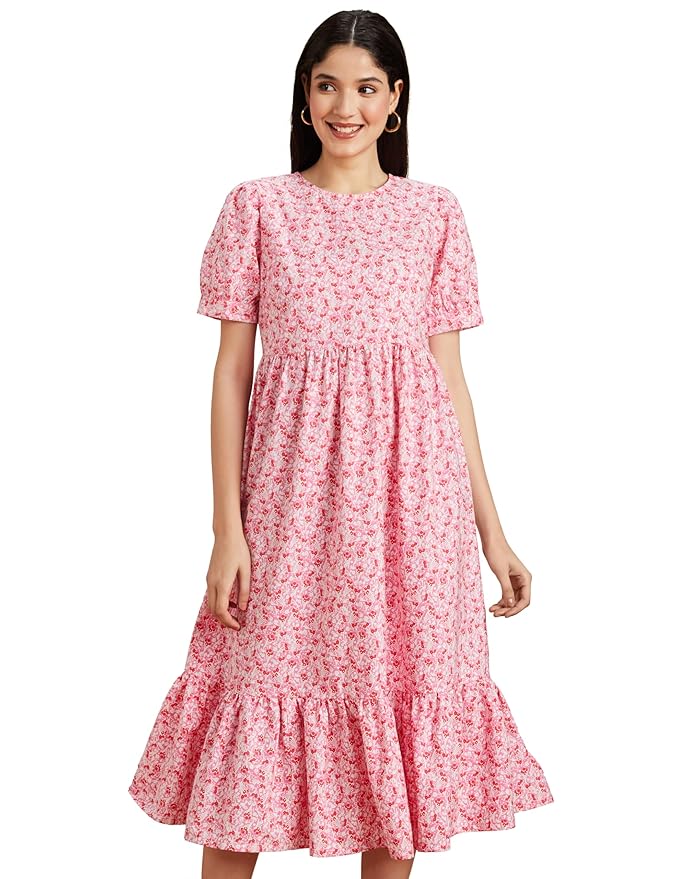 Amazon Brand - Symbol Women's Rayon Fit and Flare One Piece Midi Length Dress (Available in Plus Sizes)