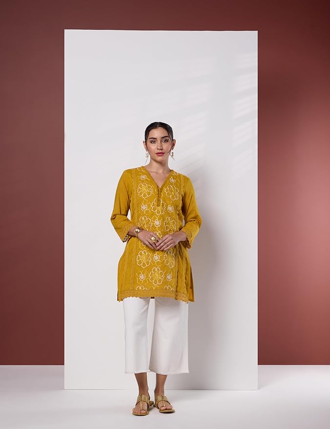 Amazon Brand - Myx Women's Pure Cotton Embroidered Short Kurti | Tunic | Short Kurta (Available in Plus Sizes)