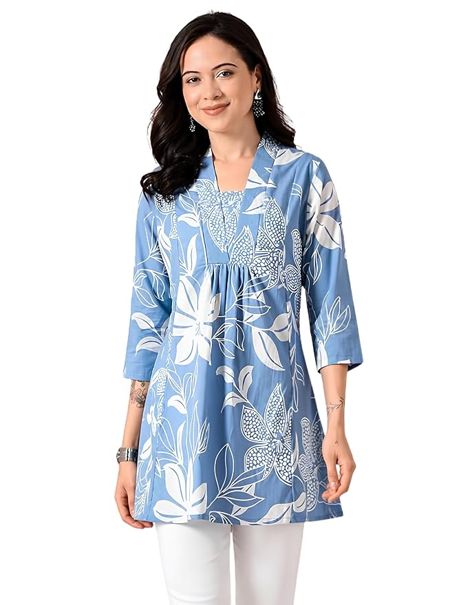 Amazon Brand - Tavasya Women Ethnic Printed V-Neck Cotton Short A-line Kurta | Stylish Casual Everyday Office Top | 3/4th Sleeve | Regular Fit