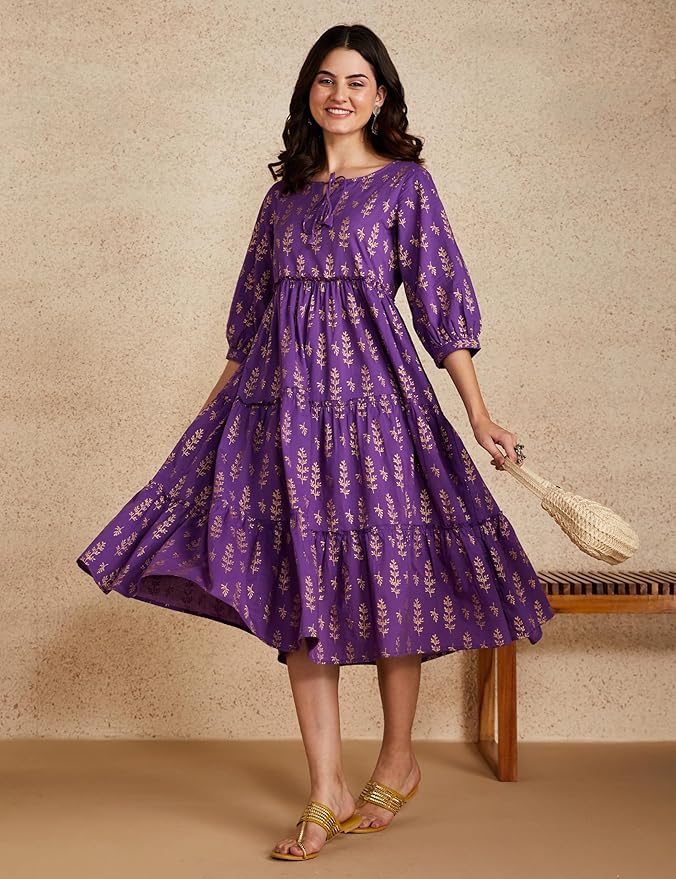 Amazon Brand - Myx Women Cotton Printed Tiered Dress (Available in Plus Sizes)