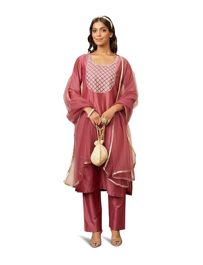 Amazon Brand - Myx Women Embroidered Kurta Pant Set with Mesh Dupatta | Viscose,Rayon (Available in Plus Sizes)