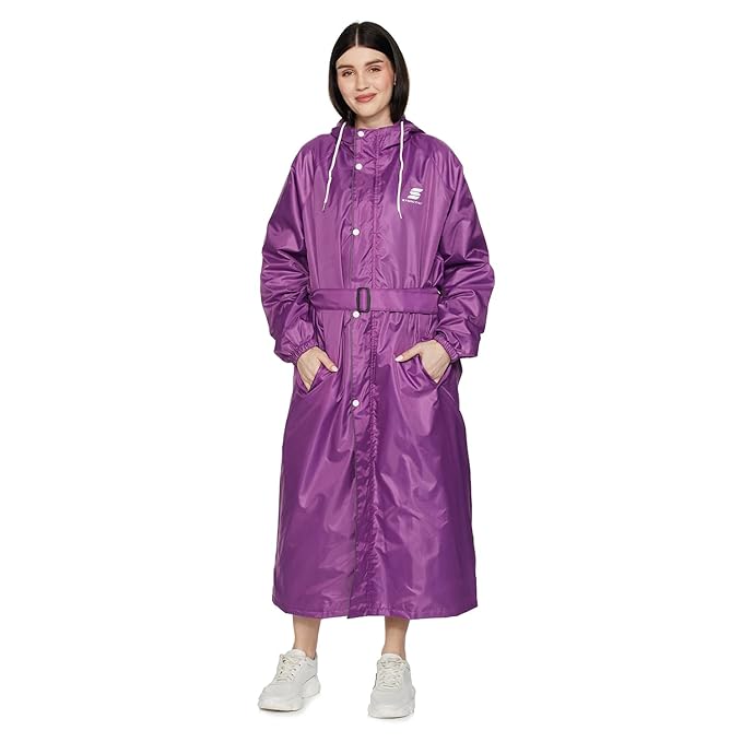 Amazon Brand – Symactive Polyester Long Raincoat with Hood & Waist Belt for Women | Double Layered | Waterproof | Seam-Sealed, High Neck | Size 2XL | Purple