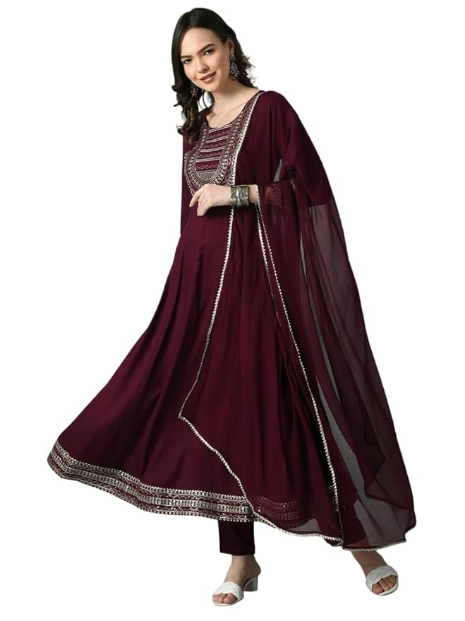 Amazon Brand - Tavasya Women Rayon Anarkali Kurta Pant Dupatta Set | Embroidered Ethnic Suit Set | Straight Pant with Dupatta