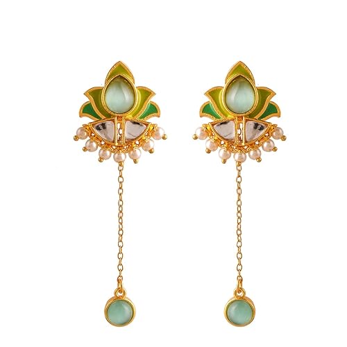 Voylla Forever More Green Stones and Pearls Enamelled Drop Earrings, Enamelled Earrings For Women, Wedding, Festive, Gift For Women
