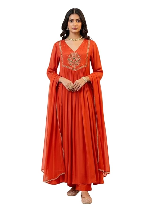 Amazon Brand - Tavasya Women's Silk Chiffon Embroidered A-Line Kurta Set with Rayon Pant and Silk Chiffon Laced Dupatta | Kurti Set for Women