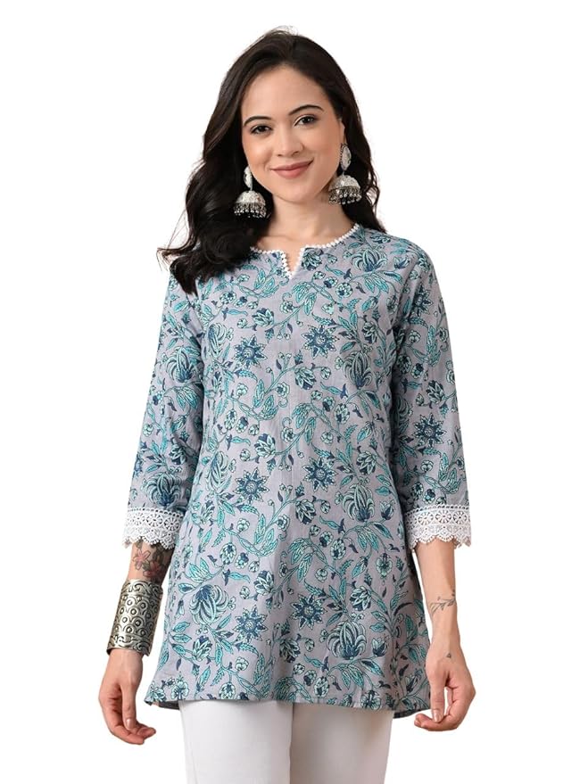 Amazon Brand - Tavasya Women Floral Printed Trendy Short Kurti | Embroidered Ethnic Wear | Regular Fit | Tunic Shirt