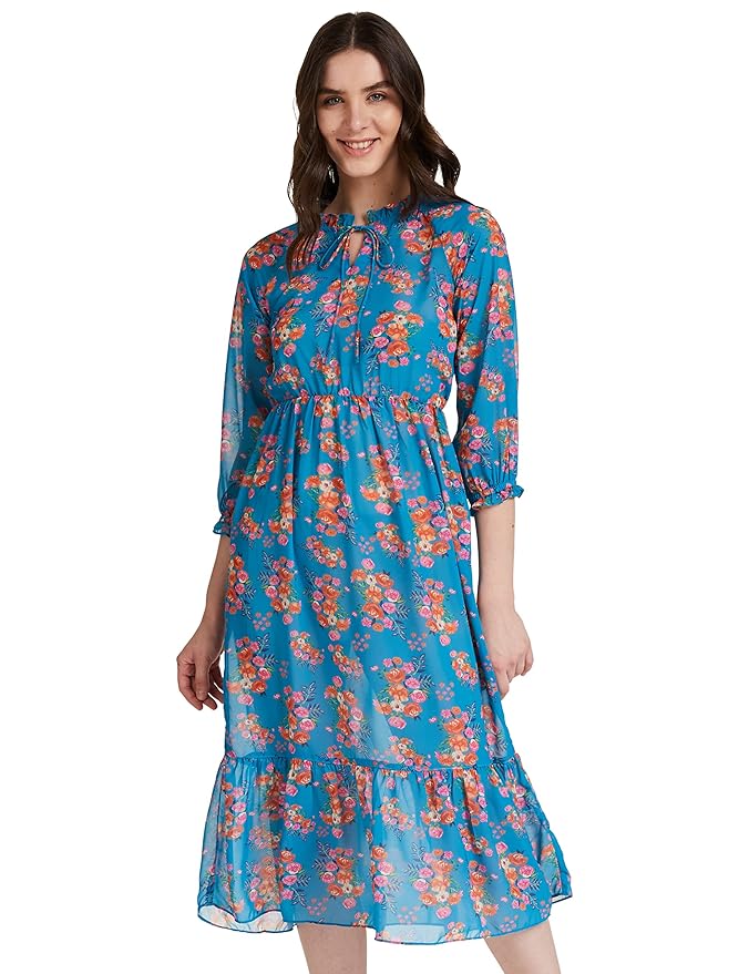 Amazon Brand - Eden & Ivy Women's Georgette Fit & Flare One Piece Midi Length Tiered Dress (with Lining) (Available in Plus Sizes)