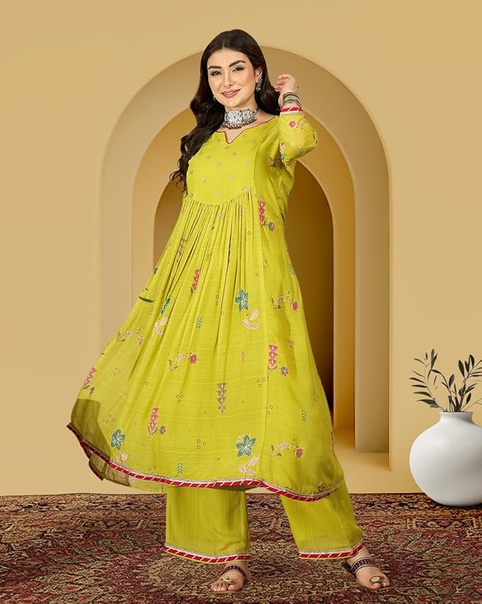 Amazon Brand - Tavasya Women Milky Georgette Zari Sequence Aari Work and Gotapatti Lace Kurta Set|Salwar Suit|3 Piece Set