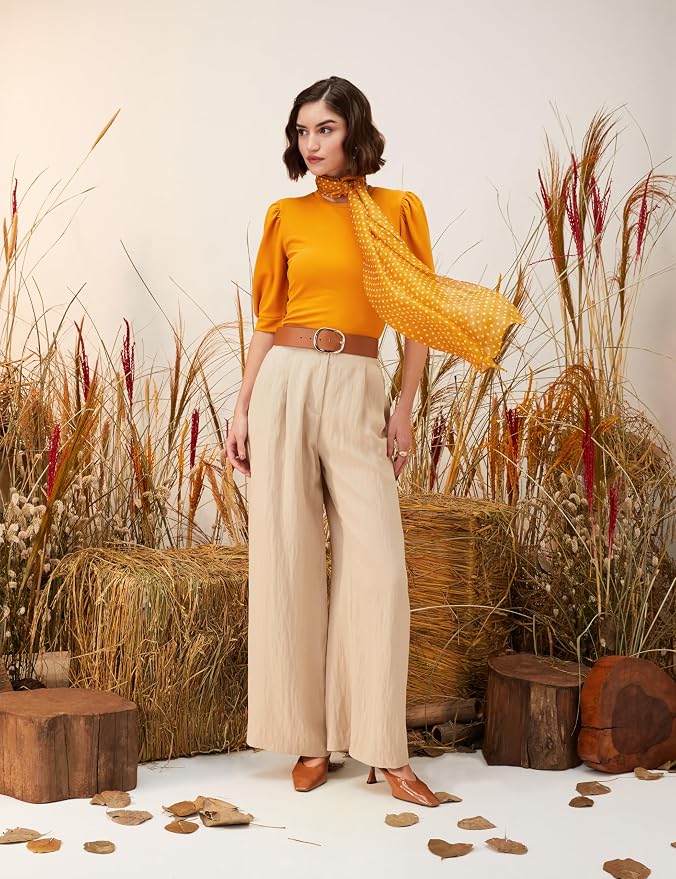 Amazon Brand - Eden & Ivy Women Crepe Round Neck Puff Sleeve Regular Fit Knit Blouse (Available in Plus Sizes)