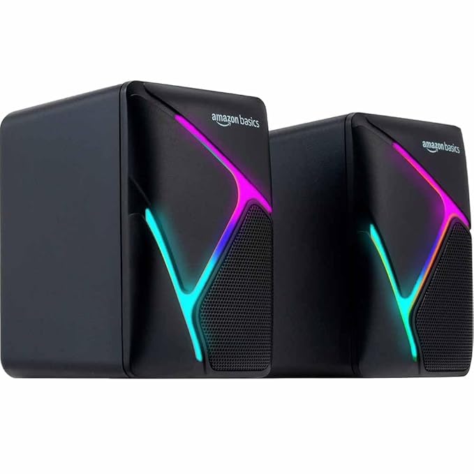 amazon basics 2 X 3W Multimedia PC Gaming Speaker with Aux Connectivity, USB Support, Volume Control, and RGB Lights