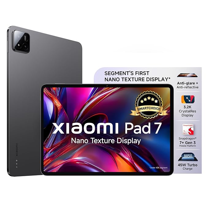XIAOMI Pad 7 Nano Texture Display [Smartchoice] | Snapdragon 7+ Gen 3| 3.2K Display (28.44 cm /11.2") Tablet| 12GB, 256GB| Anti-Reflective| Anti-Glare| HyperOS 2| Dolby Vision Atmos | Graphite Grey