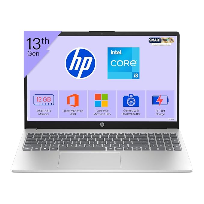 HP 15 Smartchoice, 13th Gen Intel Core i3-1315U (12GB DDR4, 512GB SSD) FHD, Anti-Glare, Micro-Edge, 15.6''/39.6cm, Win11, M365(1yr)*Office24, Silver, 1.59kg, fd0573TU, FHD Camera w/Shutter Laptop