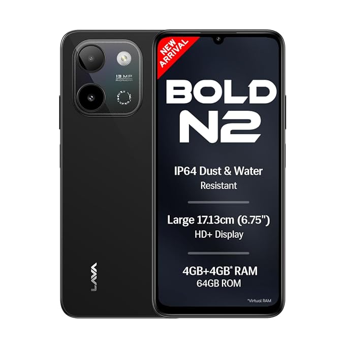 Lava Bold N2 (Indus Black, 4 GB RAM, 64 GB Storage) | 13MP AI Dual Rear Camera | Largest 6.75" HD+ Display | 5000 mAh Battery & 10W Charging | IP64 Water & Dust Proof | Charger & Phone-Case in Box