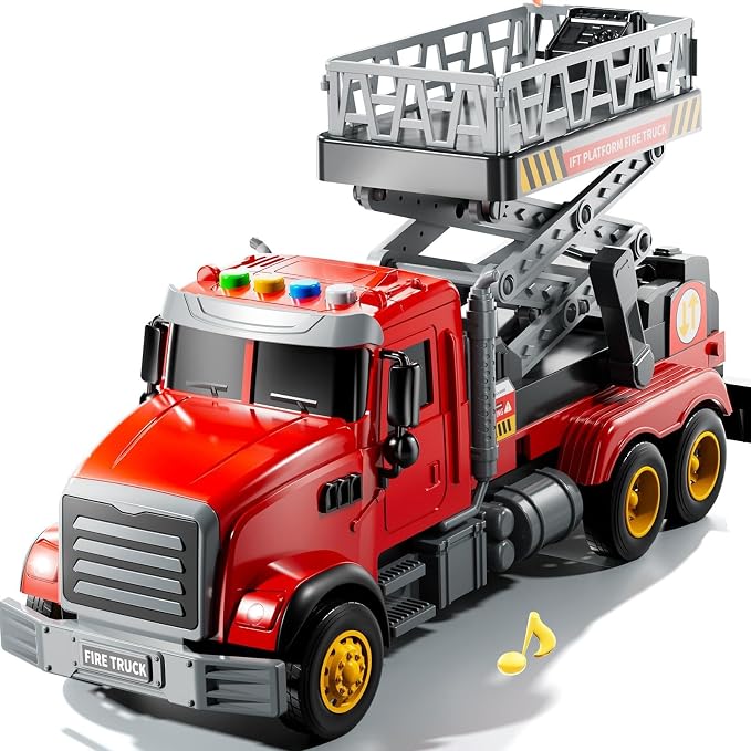 JUKUDAHU Fire Trucks for Kids 3-5 Years Old Kids Play Vehicle with Lift Platform Sound Light Car Toys for Indoor Outdoor Fire Brigade Gifts for Kids