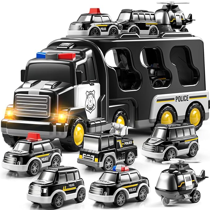 JUKUDAHU Police Truck Toy for 3 4 5 6 Years Old Boys - Carrier Vehicle Toy Set with 5 Mini Cars and 1 Helicopter, Kids Firction Powered Car for Age 3-9, Gifts for Boys and Girls
