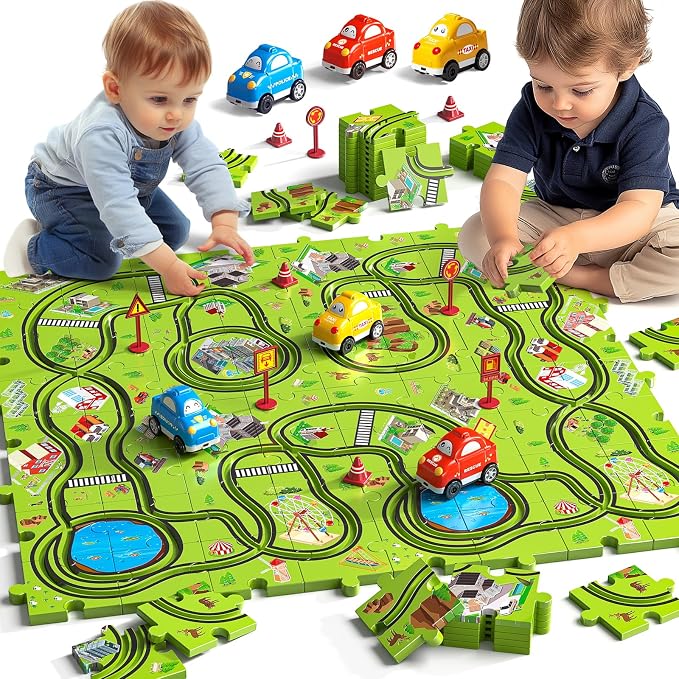 JUKUDAHU Puzzle Racing Track Car Toys for Kids Ages 3-5, Gifts for 3 4 5 6 7 8 Year Old Boys (City Map)