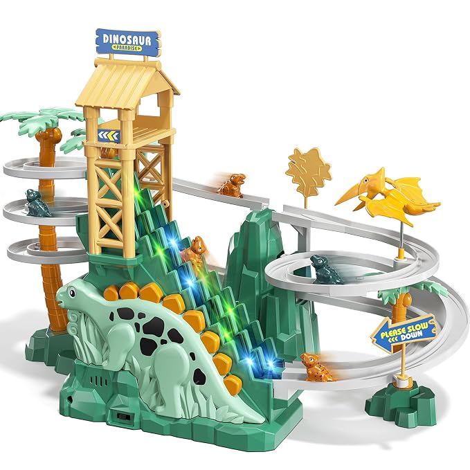 JUKUDAHU Dinosaur Climbing Slide Stair Toy for Toddlers Aged 3 4 5 6 7 8 - Racing Track Game Set, Sliding Car Toy, Dinosaur Themed with Light and Music, Birthday Dinosaur Gifts for Boys Girls Kids