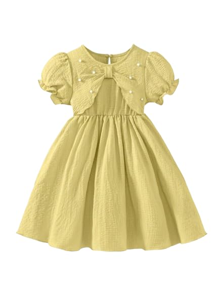 Amazon Brand - Anarva Baby Girls Dress with Bow Kids Solid Fit & Flare Frock with Puff Sleeves & Pearl Detail Birthday Wedding & Casual Dress for Girls