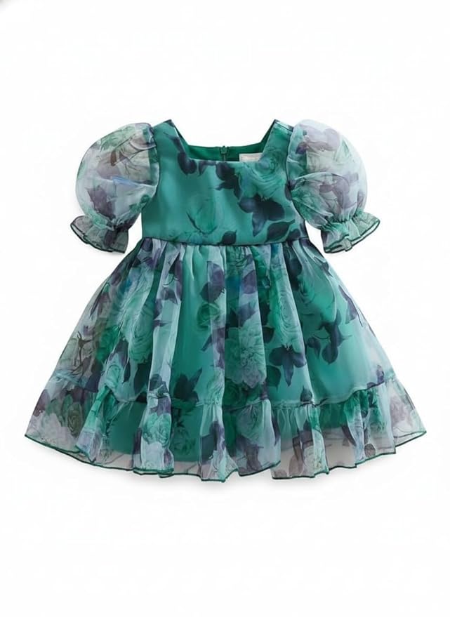 Amazon Brand - Anarva Baby Girls Floral Organza Party Dress Puff Sleeve Layered Frock Elegant Fancy Dress for Birthday & Special Occasions