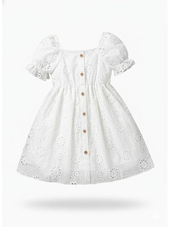 Girls' White Cotton Eyelet Embroidered A-Line Dress with Puff Sleeves, Floral Pattern, and Square Neckline