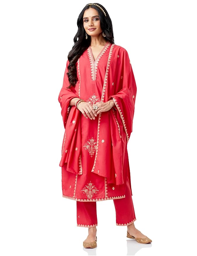 Amazon Brand - Myx Women's Embroidered Cotton Kurta Pant Set with Dupatta (Available in Plus Sizes)