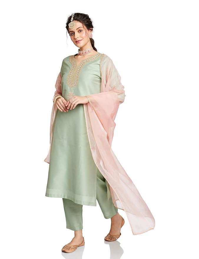 Amazon Brand - Myx Women's Embroidered Kurta Set with Organza Dupatta (Available in Plus Sizes)