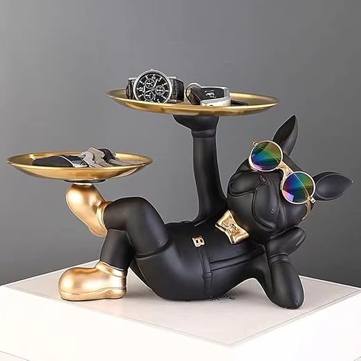 Gvnd Resin Bulldog Storage Tray Key Candy Jewelry Earrings Tray, 2 Metal Trays Animal Sculpture Table Decoration French Bulldog Figurine Sculptures for Home Decor Living Room Office Fun Ornament