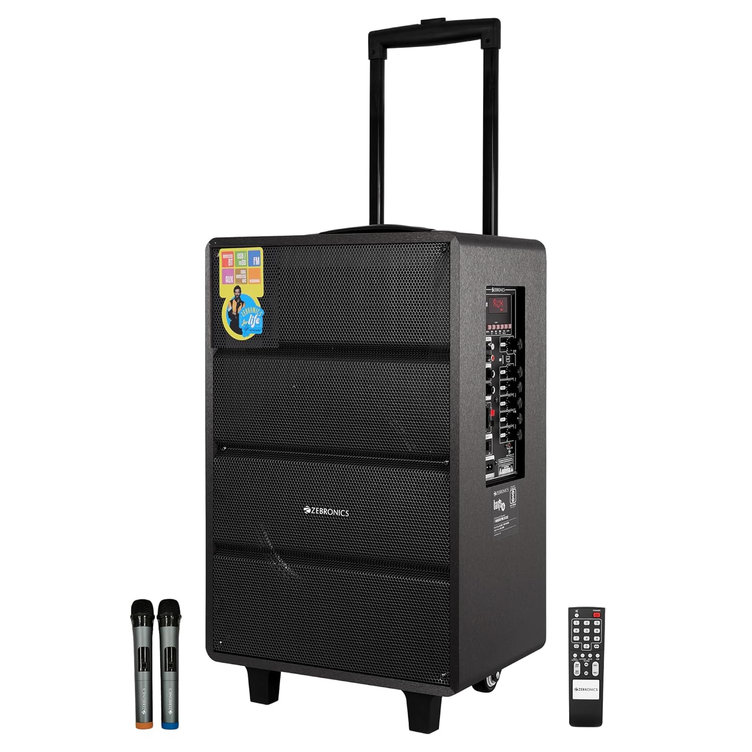 ZEBRONICS Banjo, 80 Watts RMS, Trolley Speaker with Bluetooth 4.2, LED Display & Wireless 2 Mics, USB, Msd, AUX Input, Mic in, FM Radio and Stylish Design, Black